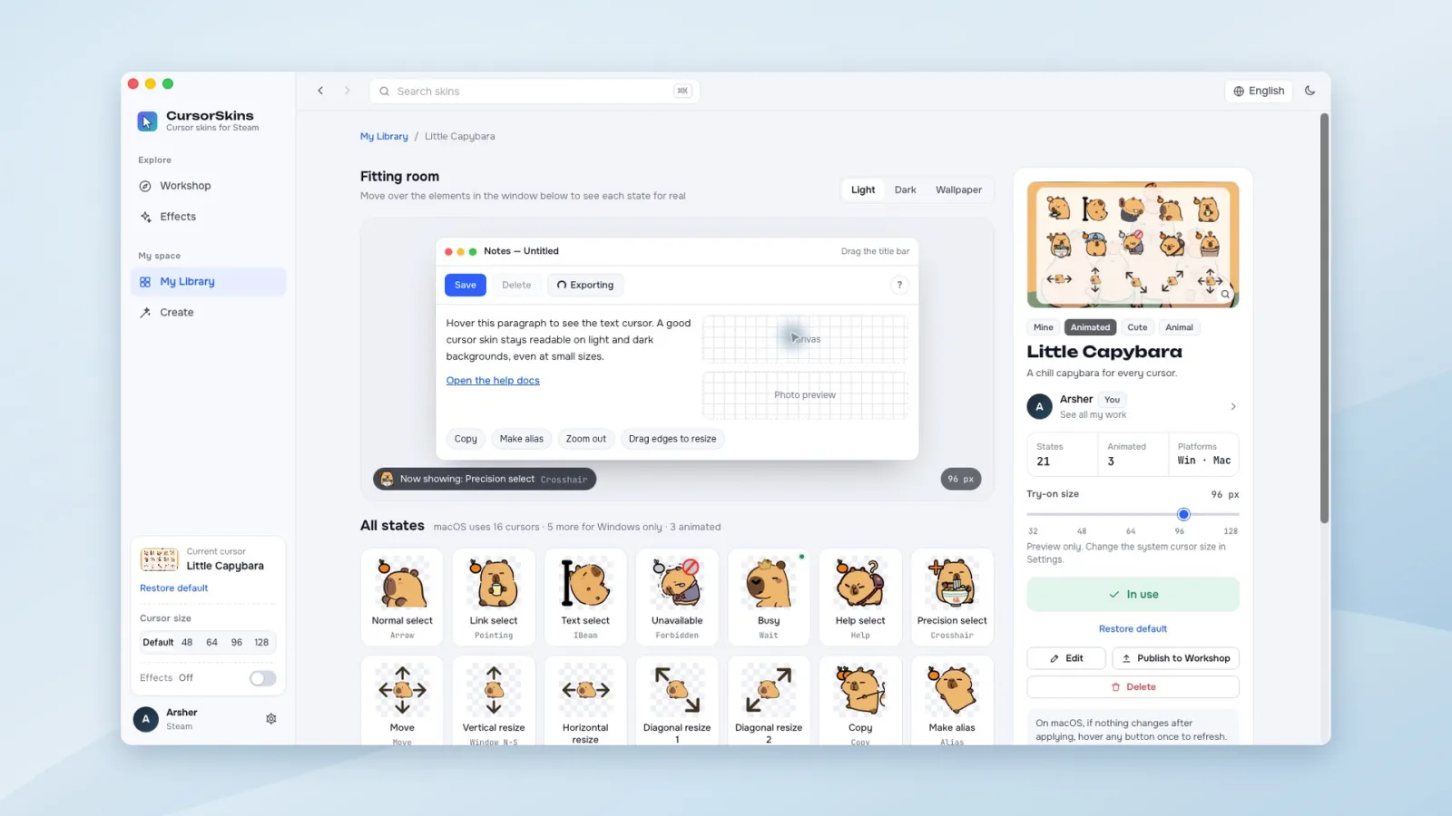 The CursorSkins fitting room previewing the Little Capybara cursor set