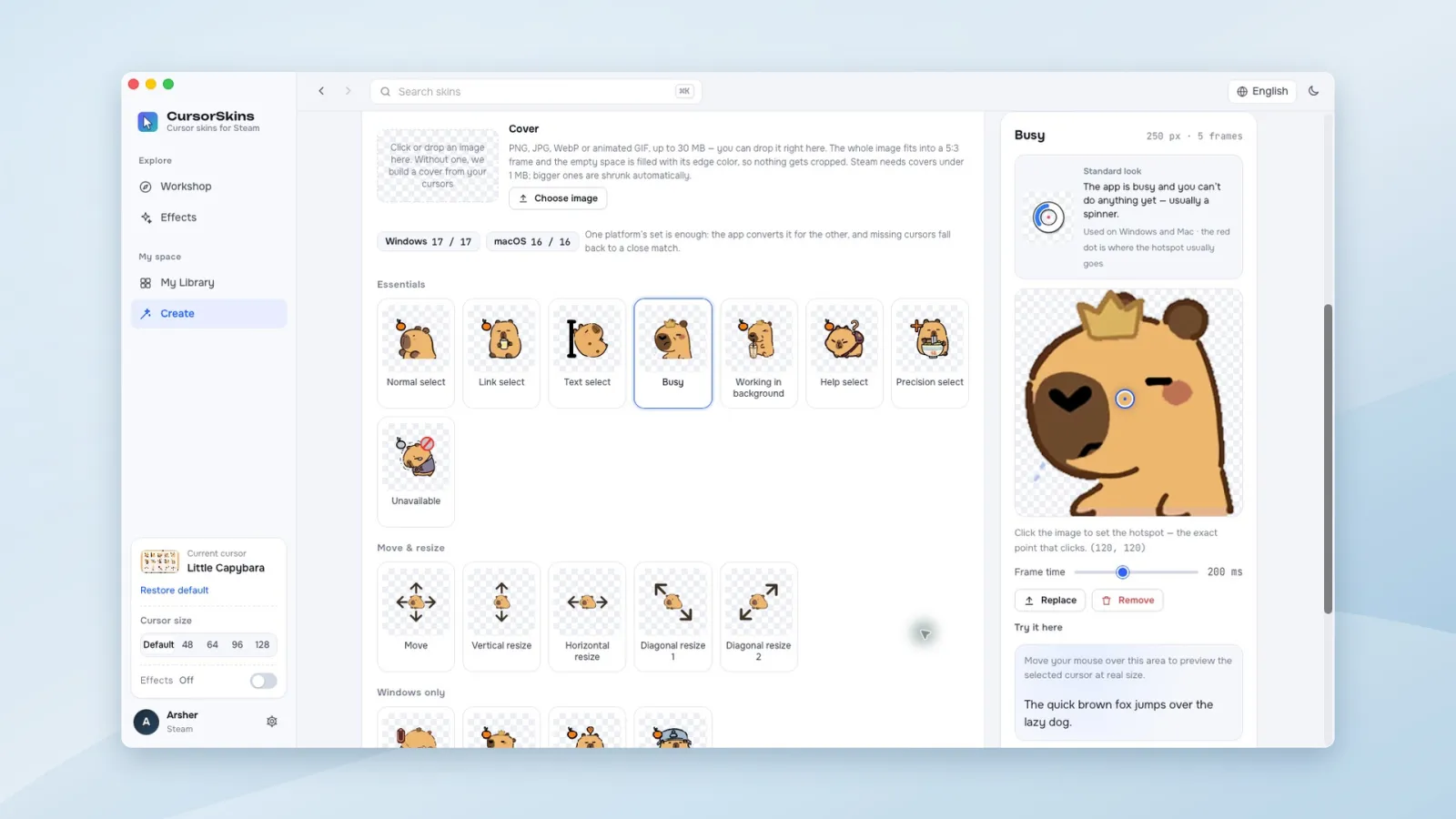 Editing cursor states, hotspots and animation timing in the CursorSkins editor