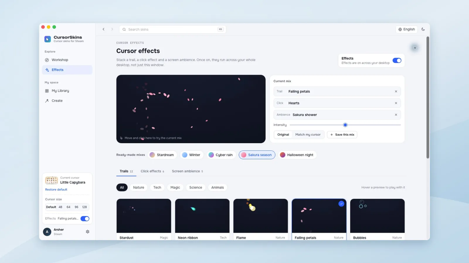 Choosing cursor trails, click effects and screen ambience in CursorSkins